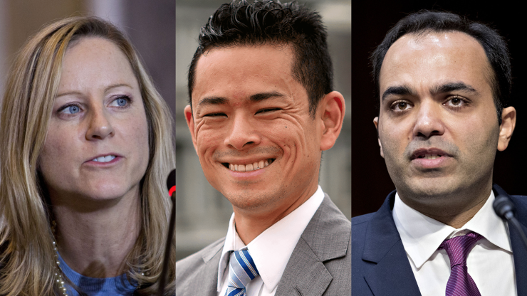 Democrats criticized the CFPB for a dearth of fair-lending cases under former Director Kathy Kraninger. But the agency is expected to use disparate impact more aggressively under acting Director Dave Uejio, center, and Rohit Chopra, the Biden administration’s choice to run the agency longer-term.