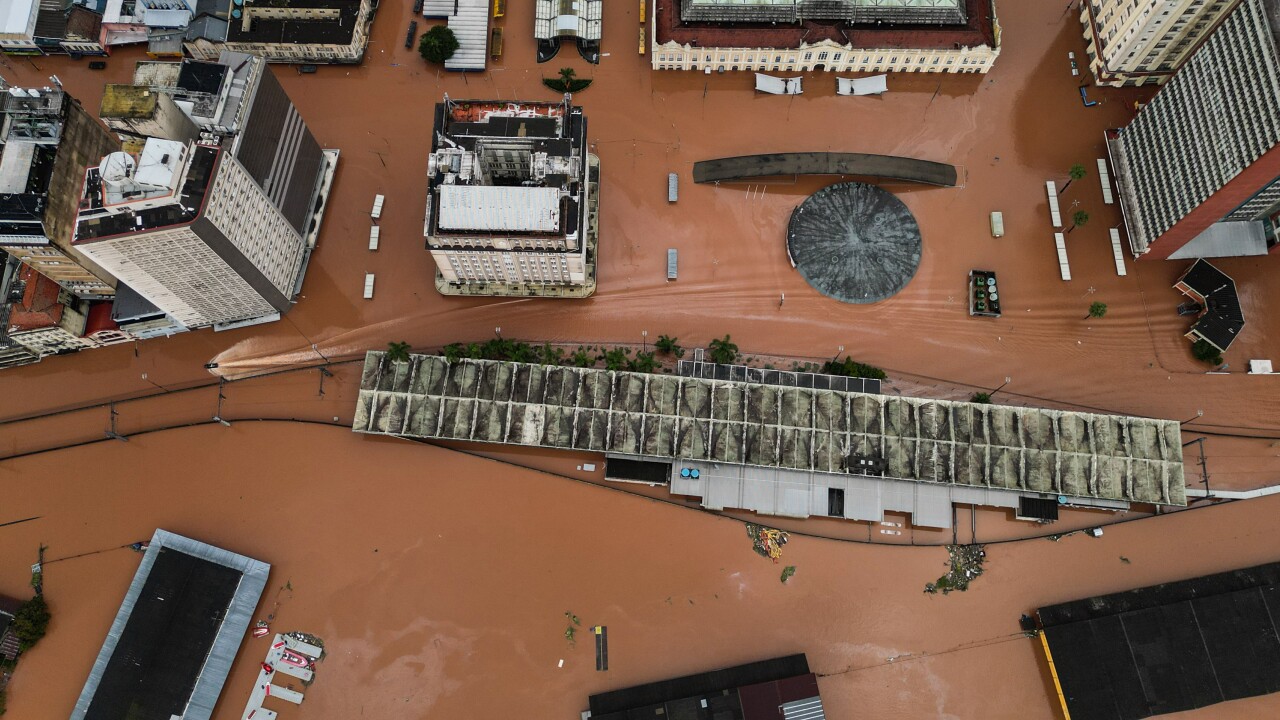 Floodwater in the historic center of Porto Alegre, Rio Grande do Sul state, Brazil.