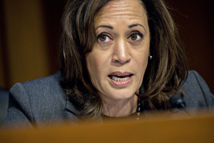 Sen. Kamala Harris, D-Calif., questions witnesses during a Senate Intelligence Committee hearing on social media influence.
