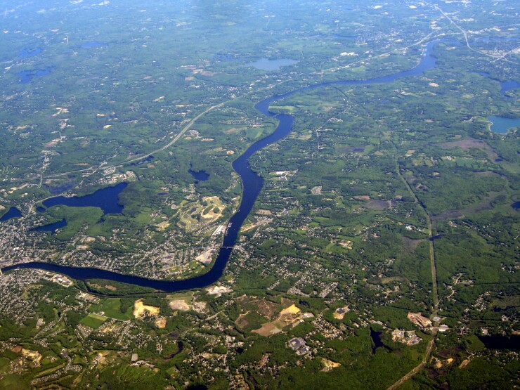 Aerial image of the Merrimack River as it flows from Haverhill to Newburyport, Mass.