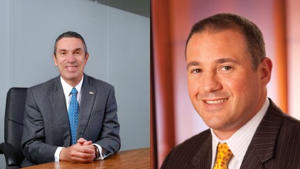 New York Community Bancorp Chairman Alessandro DiNello seated at a desk at left, and President and CEO Thomas Cangemi in separate photo on right.