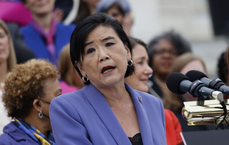 Democratic Rep. Judy Chu of California speaks at a press conference about the U.S. Supreme Court's draft decision on Roe v. Wade outside the U.S. Capitol on Friday, May 13, 2022, in Washington, DC.