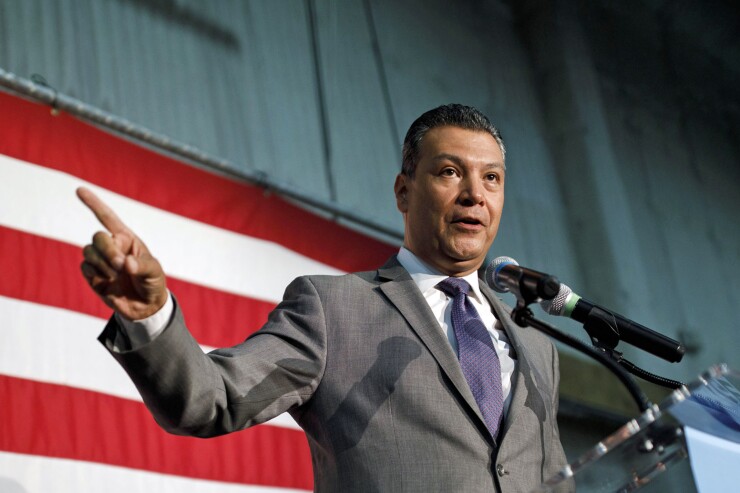 Alex Padilla, California secretary of state, speaks during a rally for Gavin Newsom, Democratic candidate for governor of California, not pictured, in Burbank, California, U.S., on Wednesday, May 30, 2018