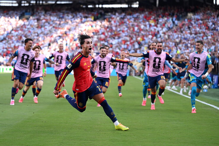 Ferran Torres, #7 of Spain, celebrates scoring his team's first goal during the FIFA World Cup 2026 Final match between Spain and Argentina.