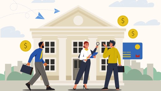 National public building workers concept. Clever officials at government building and employees of bank or Ministry of Finance and Economy. Democratic Community. Cartoon flat vector illustration