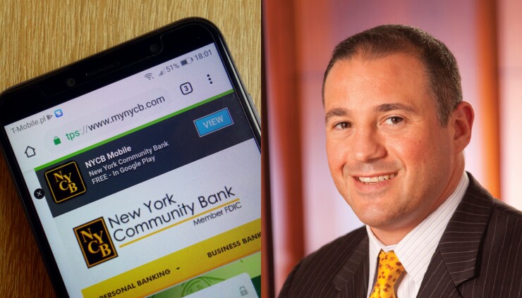 a mobile phone showing the New York Community Bancorp website on the left, and on the right a photo of CEO Thomas Cangemi