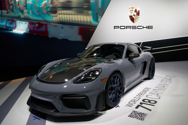 A Porsche 718 Cayman GT4 4RS on display at the Los Angeles Auto Show