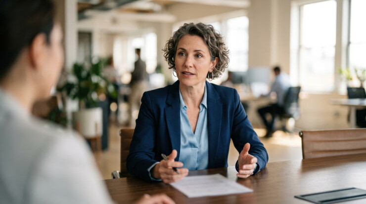 Financial expert advising a service firm client on credit line benefits for operational growth with the focus on the advisor and blurred business.