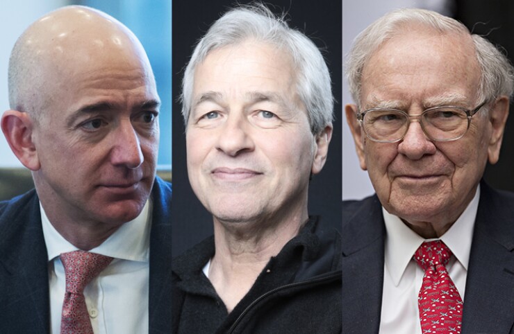 From left: Amazon CEO Jeff Bezos, JPMorgan Chase CEO Jamie Dimon, and Berkshire Hathaway CEO Warren Buffett.