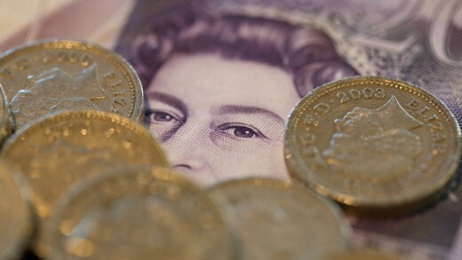 U.K. pound coins and a 20 pound note