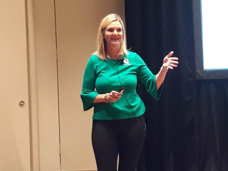 Jennifer Addabbo, founder of CU Engage, speaking during the 2018 Cornerstone Credit Union League leadership conference in San Antonio, Texas