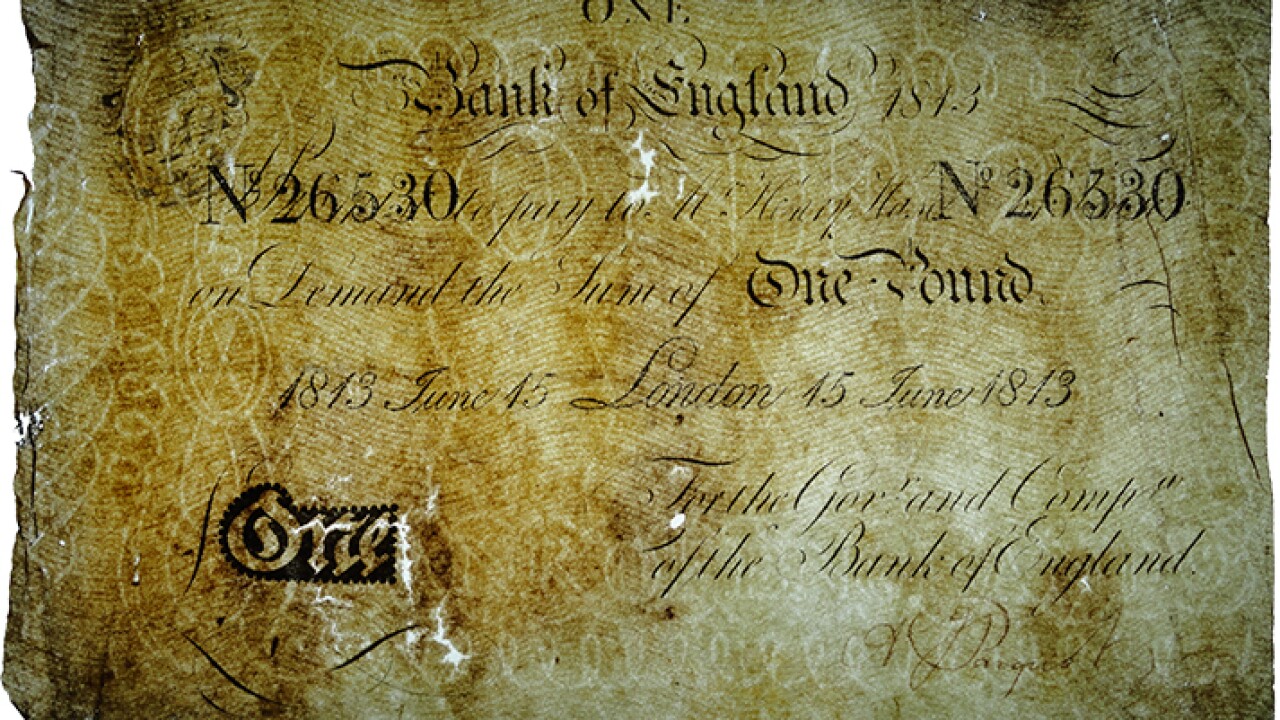 Bank of England one pound note, 1813, Collection of Joseph Boling.