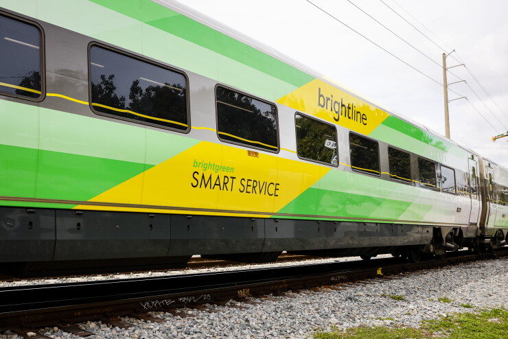 A Brightline passenger train car