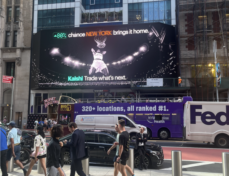 A picture of a Kalshi ad on 42nd Street in New York.