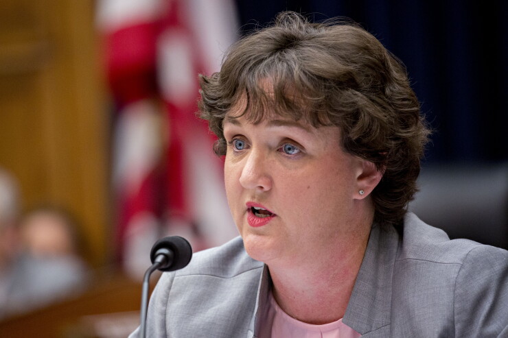 Rep. Katie Porter, D-Calif., questions witnesses during a House Financial Services Committee hearing in Washington on April 10, 2019.