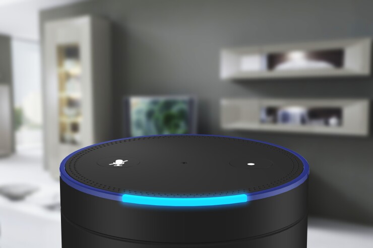 Closeup of Amazon's Echo, which uses the company's intelligent personal assistant, Alexa.