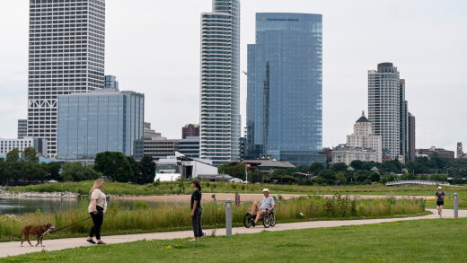 Downtown Milwaukee skyline with park in foreground