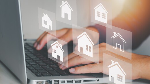 Real estate concept business, home insurance and real estate protection. Buy and sell houses and real estate online on a virtual screen.