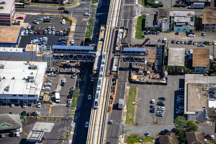 Honolulu Authority for Rapid Transit train testing at the under-construction Pouhala station in May 2018.
