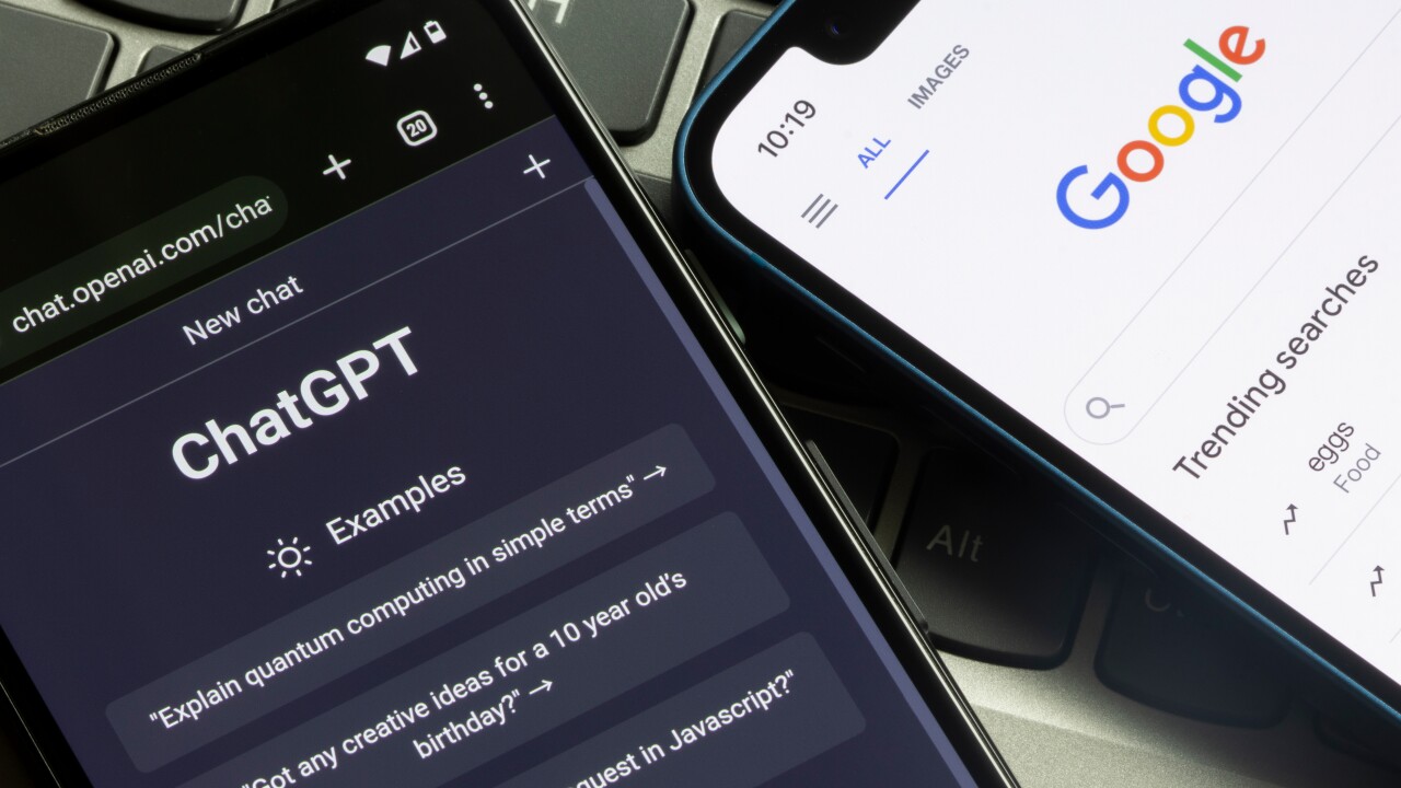 Portland, OR, USA - Jan 17, 2023: Webpages of ChatGPT, OpenAI's chatbot, and Google are seen on smartphones. A new wave of chatbots like ChatGPT use AI that can reinvent the traditional search engine.