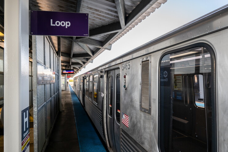 A Chicago Transit Authority Purple Line train in a station