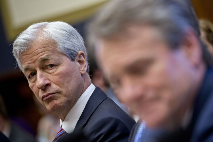 A lot has changed since large-bank CEOs such as Jamie Dimon of JPMorgan Chase, left, and Brian Moynihan of Bank of America last testified before Congress in 2019.