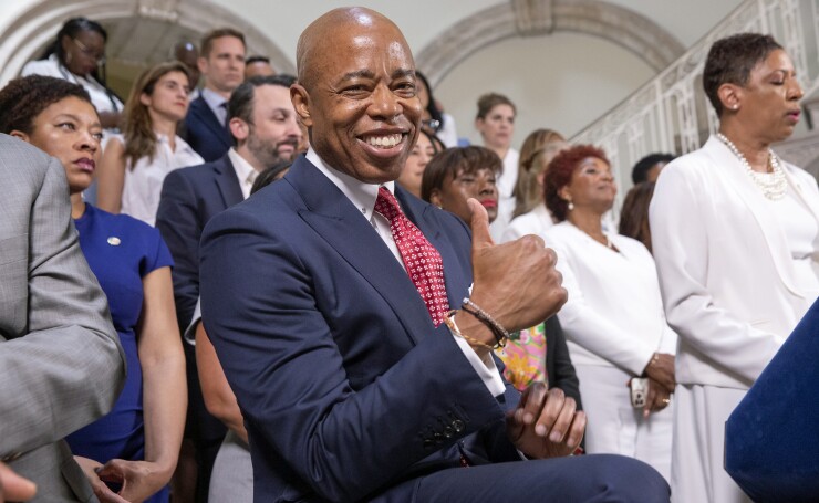 New York Mayor Eric Adams at Thursday's City Hall announcement of a budget agreement with the City Council.