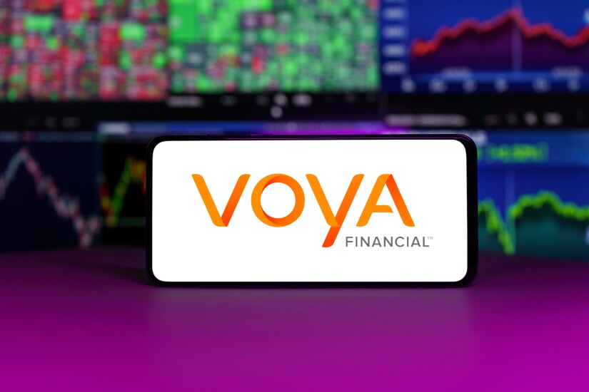 Voya financial on stock market in front of stock market charts background