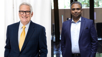 A diptych of two men in suits: on the left, a smiling man with glasses and a gold tie; on the right, a man in a blue blazer.
