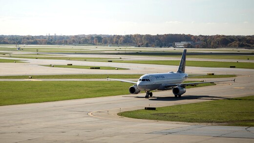 An airplane taxis at Cleveland Hopkins International Airport