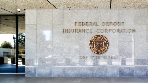 Washington D.C., USA - March 1, 2020: Sign and seal of The Federal Deposit Insurance Corporation (FDIC), an federal agency insuring deposits in U.S. banks and thrifts in the event of bank failures.