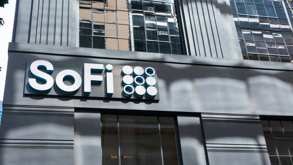 SoFi logo sign on headquarters facade. Social Finance is an online personal finance company - San Francisco, California, USA - 2020