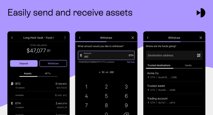 Mockup of Anchorage Digital's Porto wallet. Black rectangles representative of mobile phone screens display ticker symbols in white text for various cryptocurrencies.
