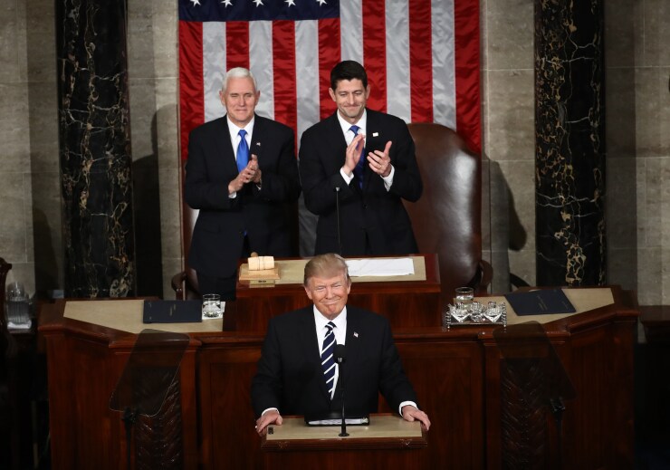 President Donald Trump with Vice President Mike Pence and House Speaker Paul Ryan at address to joint session of Congress