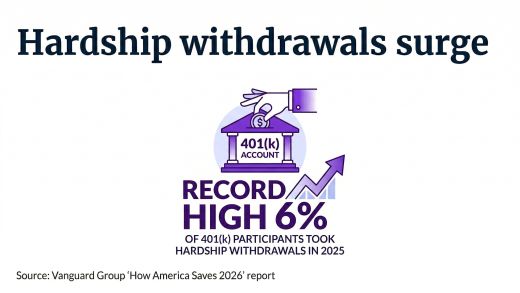 Infographic showing record 6% of 401(k) participants took hardship withdrawals in 2025. Source: Vanguard.
