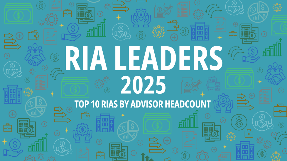 A turquois illustration with financial symbols in blue, green and orange surround a title that reads, "RIA Leaders 2025: Top 10 RIAs by Advisor Headcount"