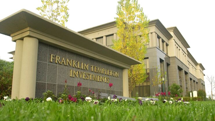 Headquarters of Franklin Resources Inc., parent company of money management unit Franklin Templeton, are seen in the early morning hours in San Mateo, California on Monday, December 22, 2003. Franklin Resources Inc., the biggest publicly traded U.S. mutual fund company, suspended two employees for short-term trading and said it received subpoenas from federal prosecutors about possible illegal fund transactions. Photographer: Noah Berger/Bloomberg News.
