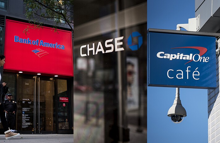 Signage is displayed outside of branches for Bank of America, JPMorgan Chase and Capital One.