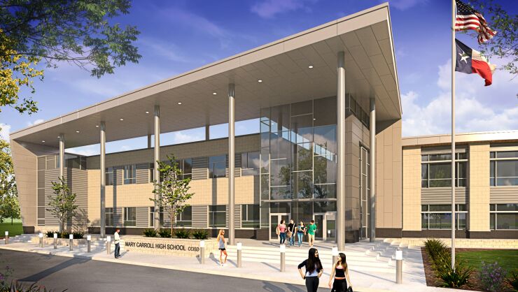 Rendering of new high school in Corpus Christi, Texas, to be funded by bonds voters approved in November 2018.