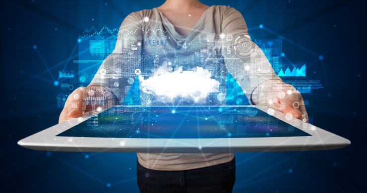 Cloud hosting concept - serving a cloud on a tablet