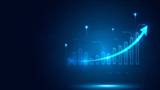 Futuristic raise arrow chart digital transformation abstract technology background. Big data and business growth currency stock and investment economy. Vector illustration