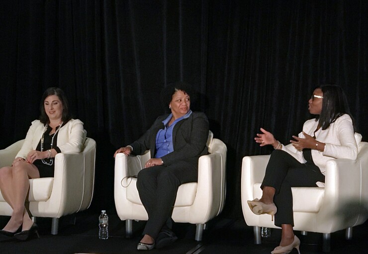 Vanguard’s Katherine Martini Miles, Northern Trust’s Sonia Davis and JP Morgan’s Yabu Sesay (l. to r.) discuss the challenges of human capital management in asset management at NICSA’s 2017 general membership meeting in Boston.