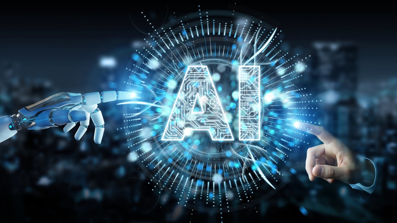 A robotic arm and a human arm pointing at a digital AI.