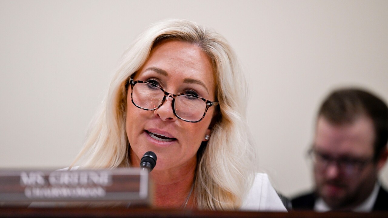 Representative Marjorie Taylor Greene, a Republican from Georgia and chair of the House Oversight Subcommittee on Delivering on Government Efficiency (DOGE), during a hearing in Washington, D.C.