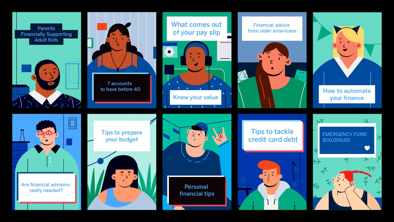 A group of illustrated TikTok videos about personal finance.