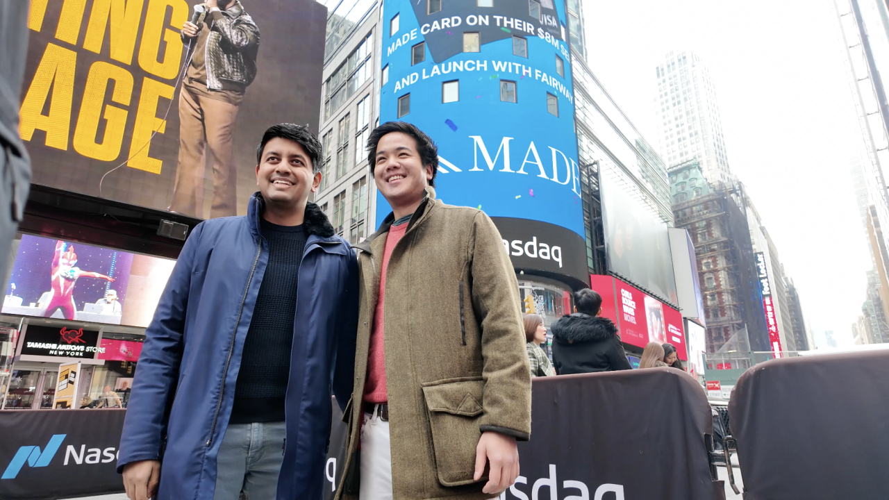 Ashin Shah, CEO and Christophe Van, president, two of the three co-founders of Made Card in Times Square by the Nasdaq MarketSite.