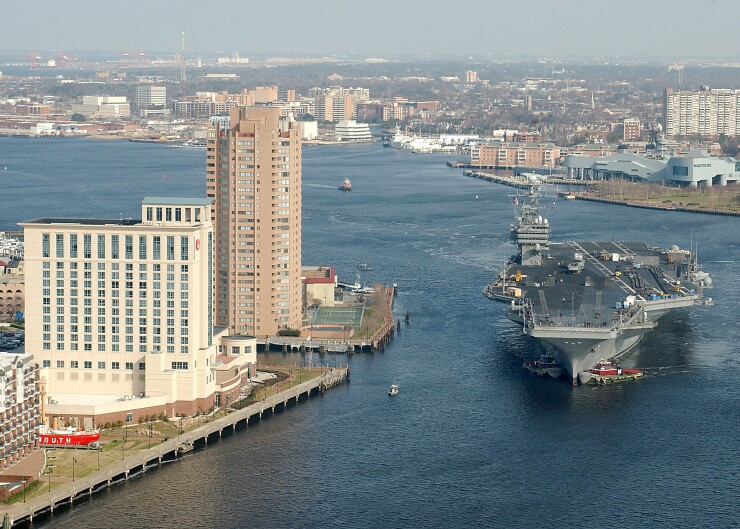 The nuclear powered aircraft carrier USS George Washington (CVN 73) passes downtown Norfolk, Va.