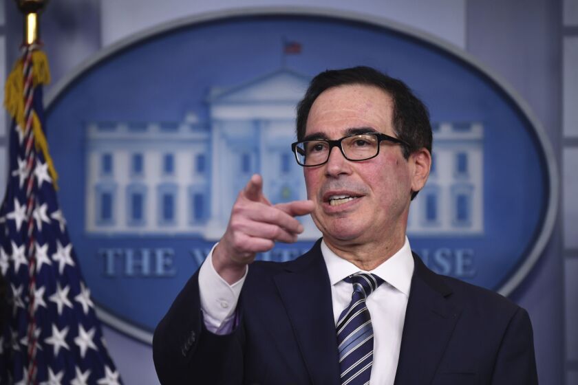 Steven Mnuchin, U.S. Treasury secretary, speaks during a Coronavirus Task Force news conference at the White House in Washington, D.C., U.S., on Thursday, April 2, 2020.