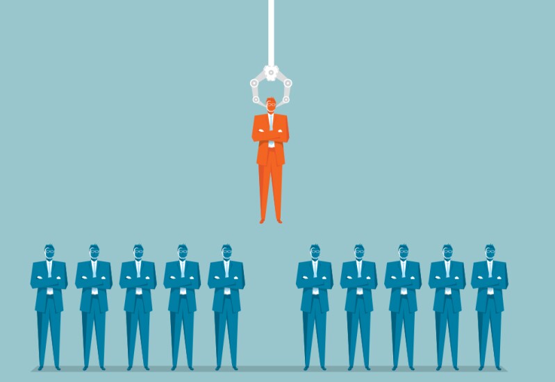 Illustration showing an oversized robotic claw reaching down and plucking an employee from a line of employees.