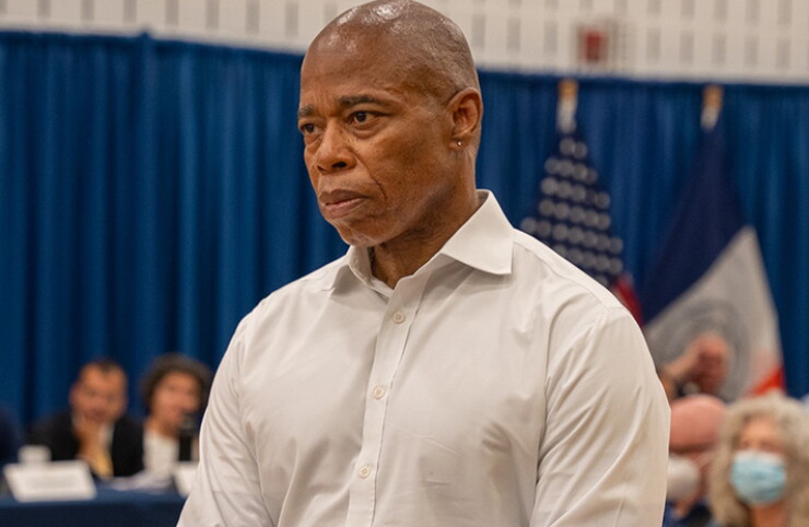 New York City Mayor Eric Adams at a Town Hall Wednesday at the Riverside School for Makers & Artists.